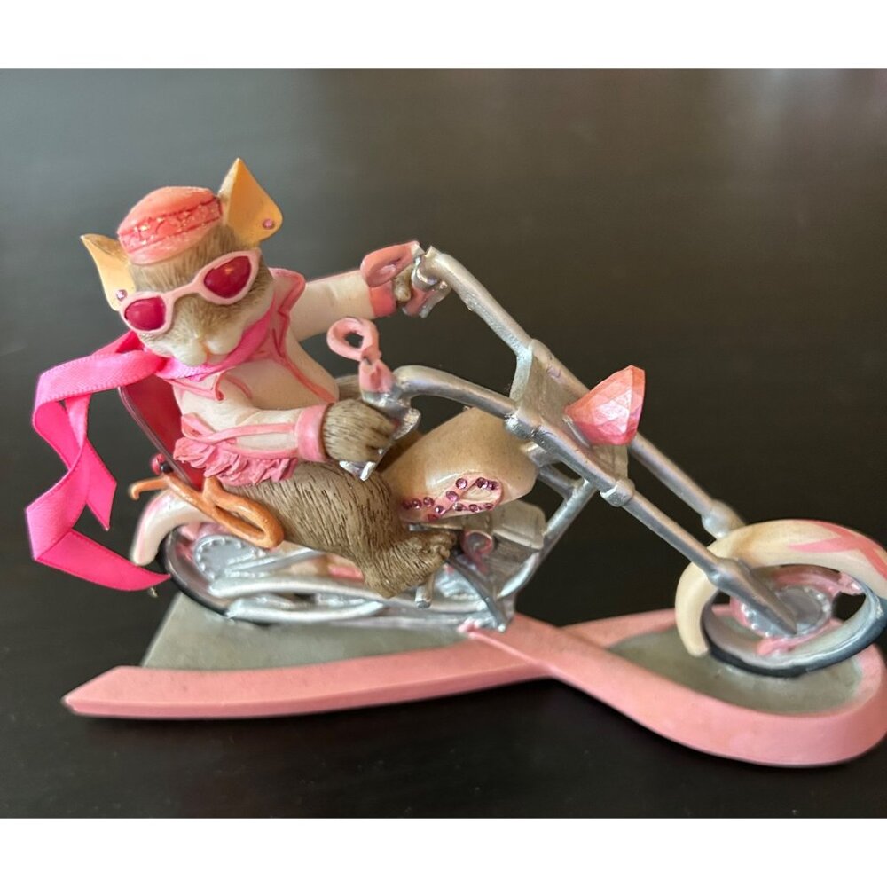 Mouse Riding Motorcycle Figurine Pink Breast Cancer Awareness Charming Tails.